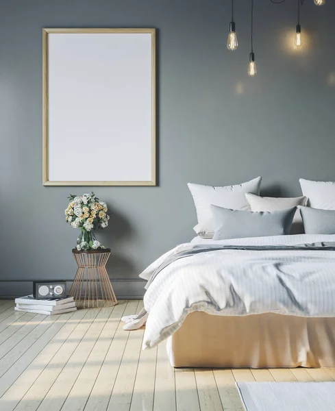 Rahat yatak boş poster çerçevesi ile. İç çerçeve mockup.