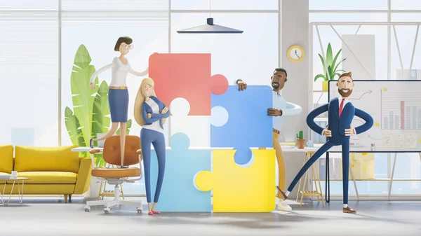 People connecting puzzle elements. 3d illustration.  Cartoon characters. Business teamwork concept.