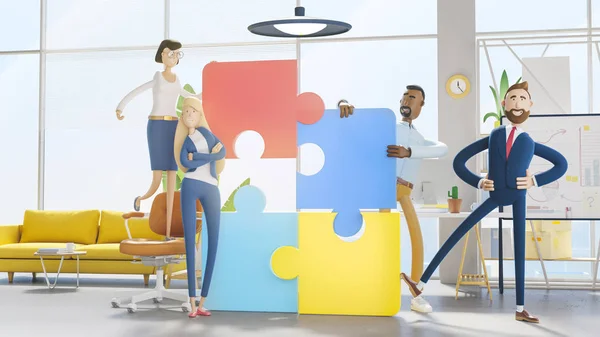 Mensen verbinden puzzelelementen. 3d illustratie. Tekenfilmfiguren. Bedrijfsteamwork concept. — Stockfoto