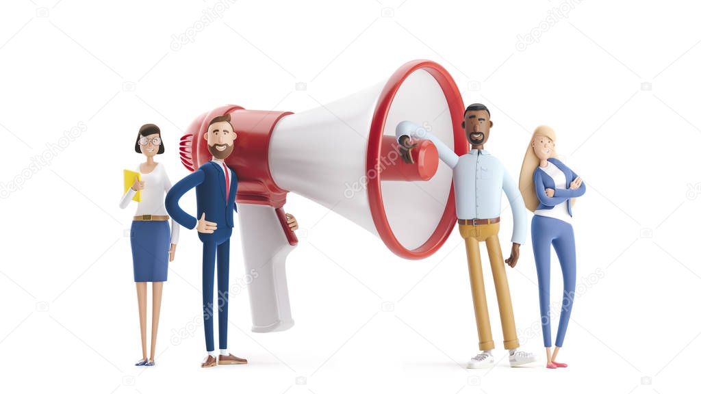 Concept of creative team. 3d illustration.  Hiring and recruitment concept with characters. Group of people shouting on megaphone