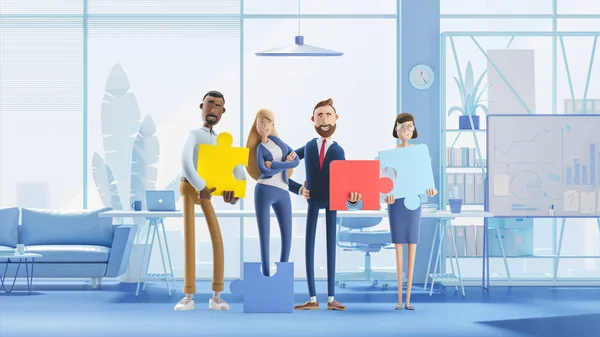 People connecting puzzle elements. 3d illustration.  Cartoon characters. Business teamwork concept on white background.