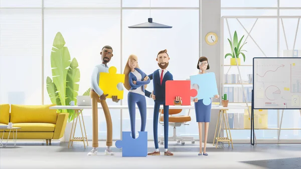 Persone che collegano elementi puzzle. Illustrazione 3d. Personaggi dei cartoni animati. Business concetto di lavoro di squadra su sfondo bianco . — Foto Stock