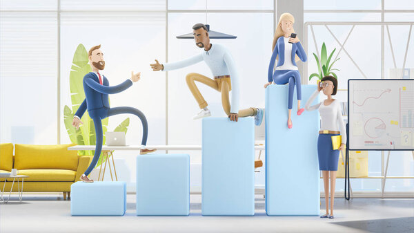 Career Ladder with Characters. 3d illustration.  Cartoon characters. Business teamwork concept. 