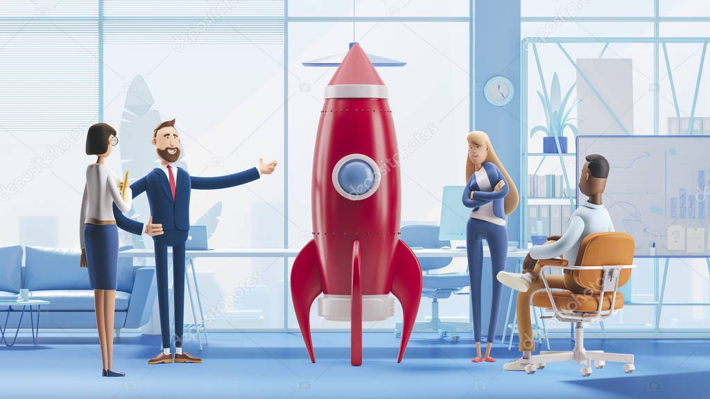 Team developing an innovative product. 3d illustration.  Cartoon characters. Successful startup rocket.
