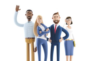 Profesyonellerden oluşan bir ekip. 3 boyutlu illüstrasyon. Çizgi film karakterleri. İş takım çalışması konsepti. 