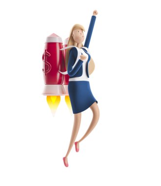 3 boyutlu illüstrasyon. Genç iş kadını Emma sırt roketiyle uçuyor. İş konsepti kariyer artışı, başlangıç ve büyüme