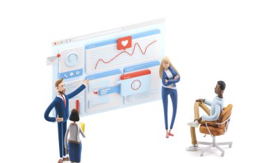 Web geliştirme ve web tasarım ekibi. 3 boyutlu illüstrasyon. Çizgi film karakterleri. İş takım çalışması konsepti. 