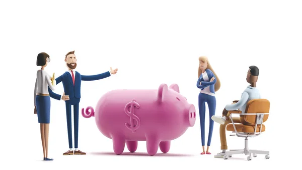 Depósito. Hucha de cerdito. Equipo del banco. Ilustración 3d. Personajes de dibujos. Concepto de trabajo en equipo empresarial . — Foto de Stock