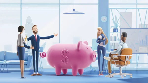 Depósito. Um banco porquinho. Equipa bancária. Ilustração 3d. Personagens de desenhos animados. Conceito de trabalho em equipe de negócios . — Fotografia de Stock