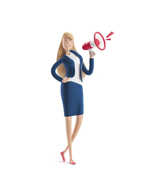 3 boyutlu illüstrasyon. Genç iş kadını Emma hoparlörle beyaz arka planda duruyor..