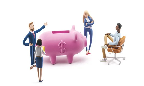 Deposit. Piggy bank. Bank team. 3d illustration.  Cartoon characters. Business teamwork concept.