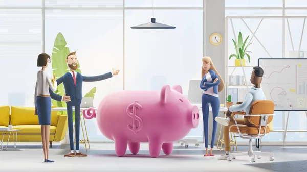 押金。 小猪银行。 银行团队。 3D例证。 卡通人物。 业务团队合作概念. — 图库照片