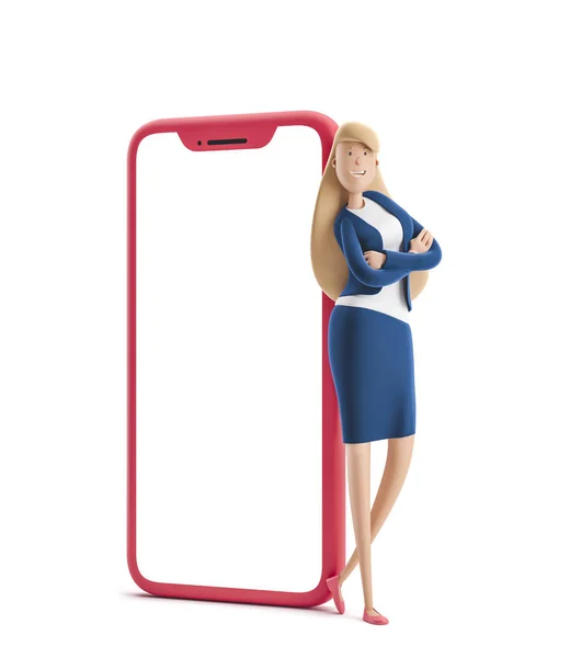 Ilustração 3d. Jovem empresária Emma de pé com grande telefone no fundo branco . — Fotografia de Stock