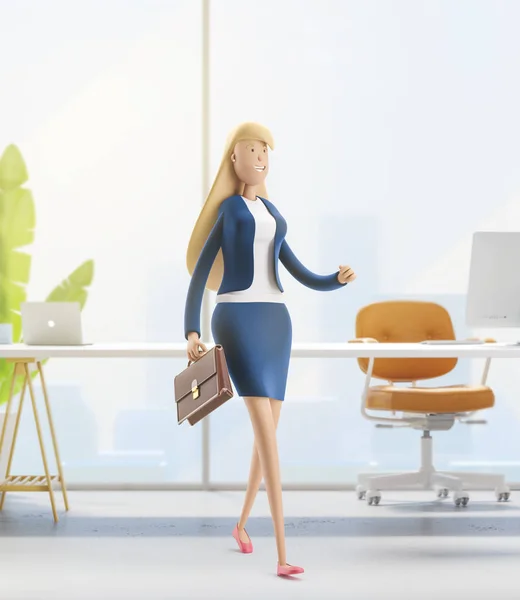 3D-illustration. ung affärskvinna Emma gå med portfölj på en vit bakgrund. — Stockfoto