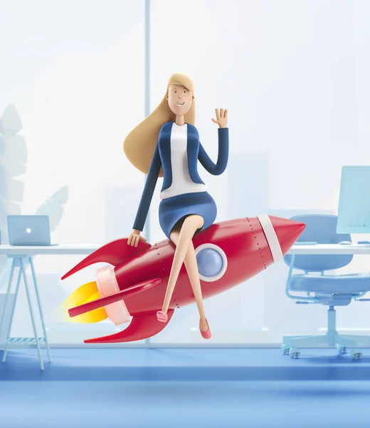 3D-illustration. Ung affärskvinna Emma med raket i kontorsinteriören. Affärsidé karriärutveckling, start och tillväxt — Stockfoto