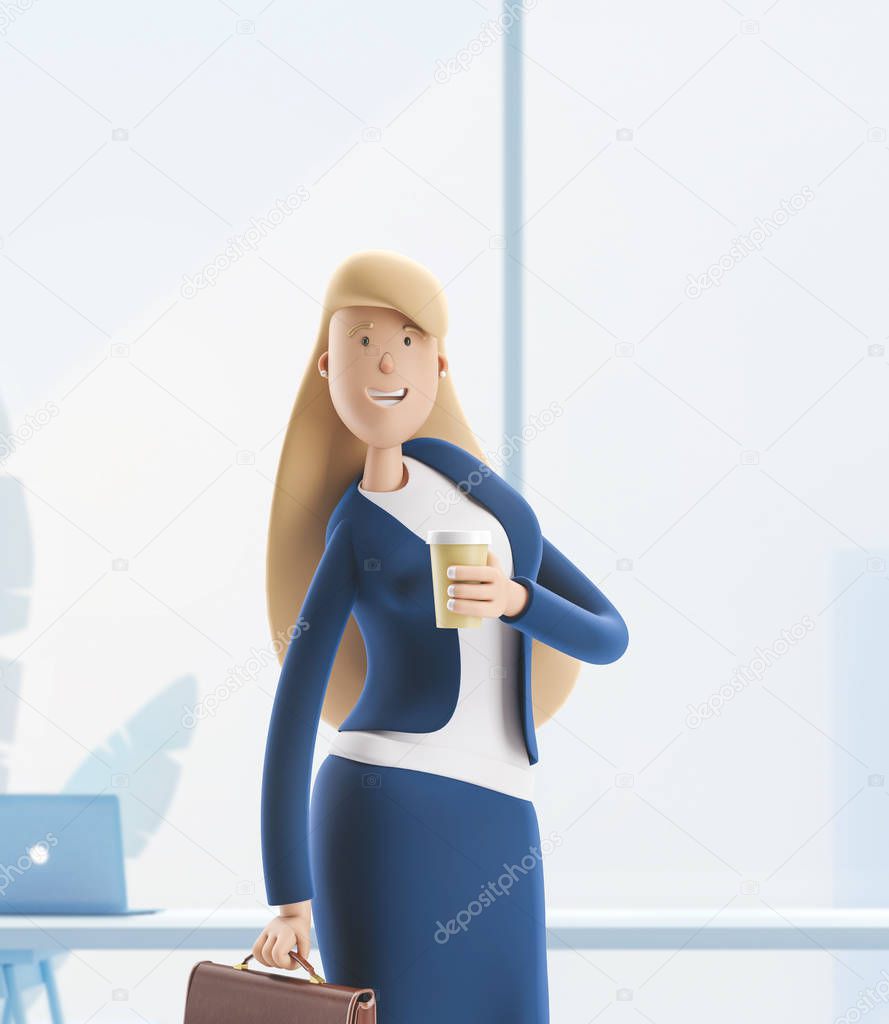 3d illustration. Young business woman Emma standing with briefcase on a white background.
