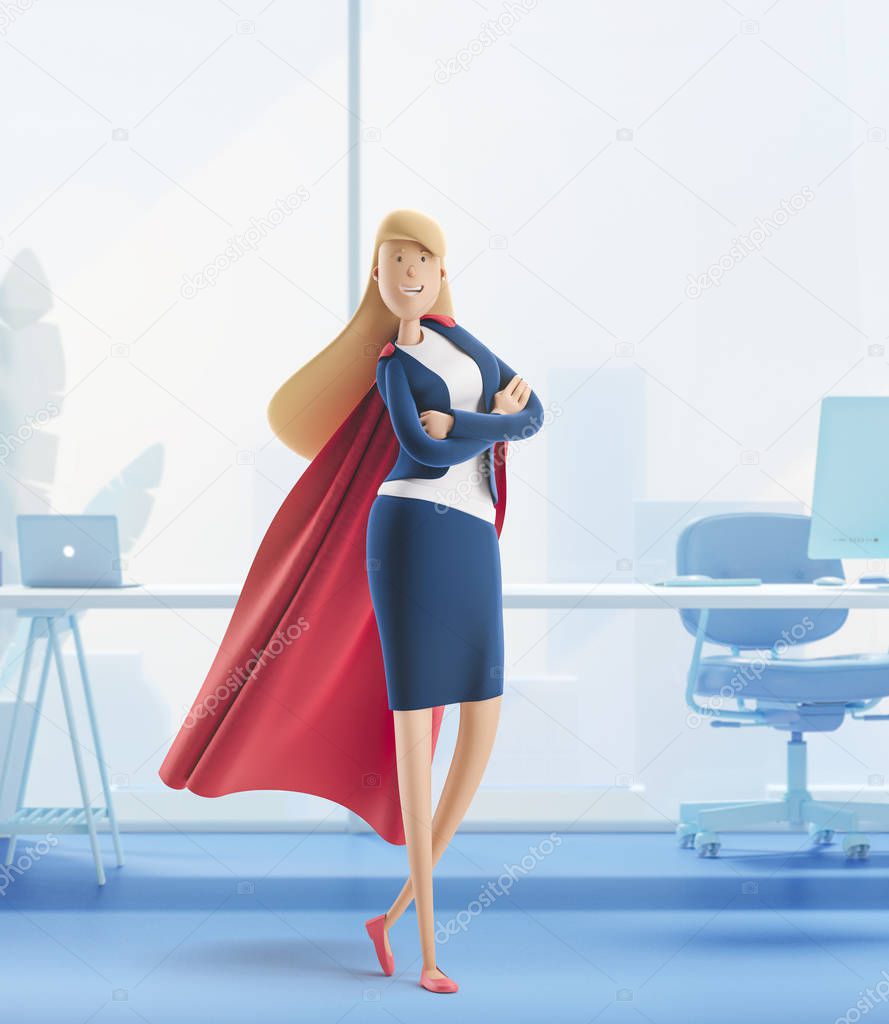 3d illustration. Young business woman Emma in action pose. Female superhero.