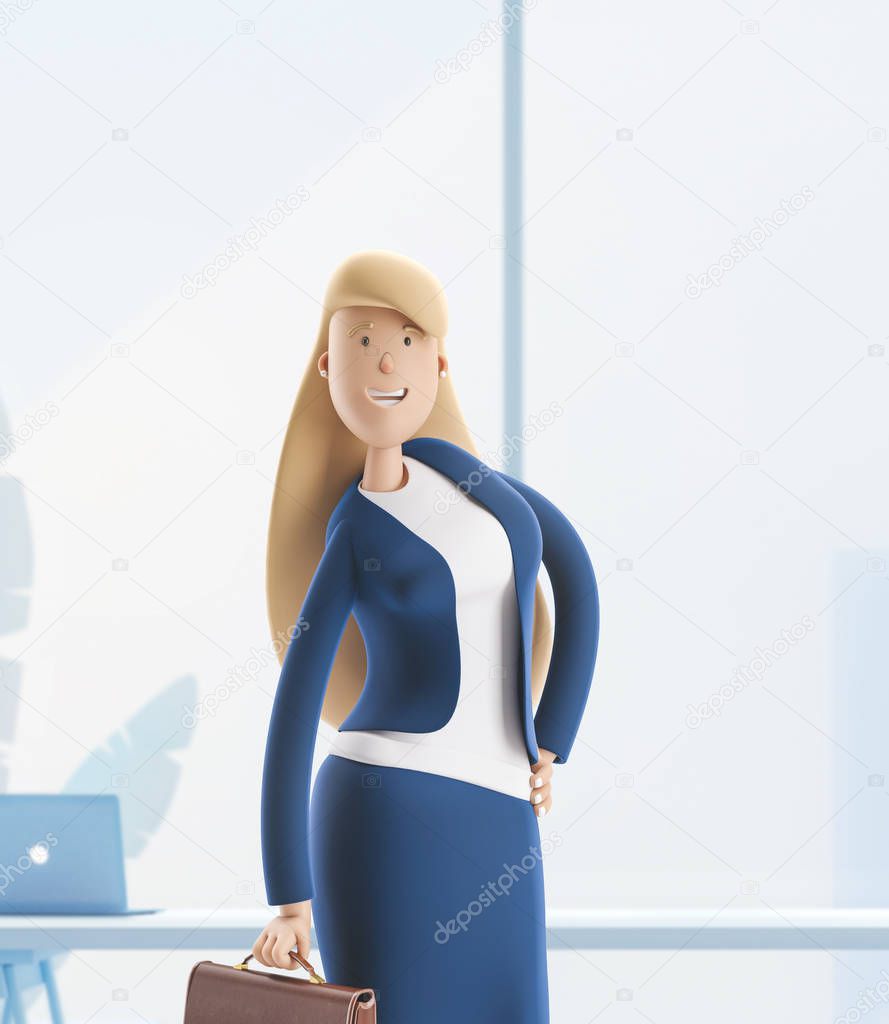 3d illustration. Young business woman Emma standing with briefcase on a white background.