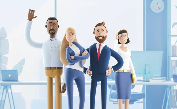 Working team of professionals stand in the interior of the office. 3d illustration.  Cartoon characters. Business teamwork concept.