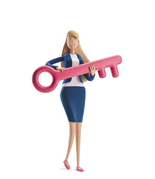 Ilustracja 3D. Młoda kobieta biznesu Emma stoi z dużym kluczem na białym tle. — Zdjęcie stockowe