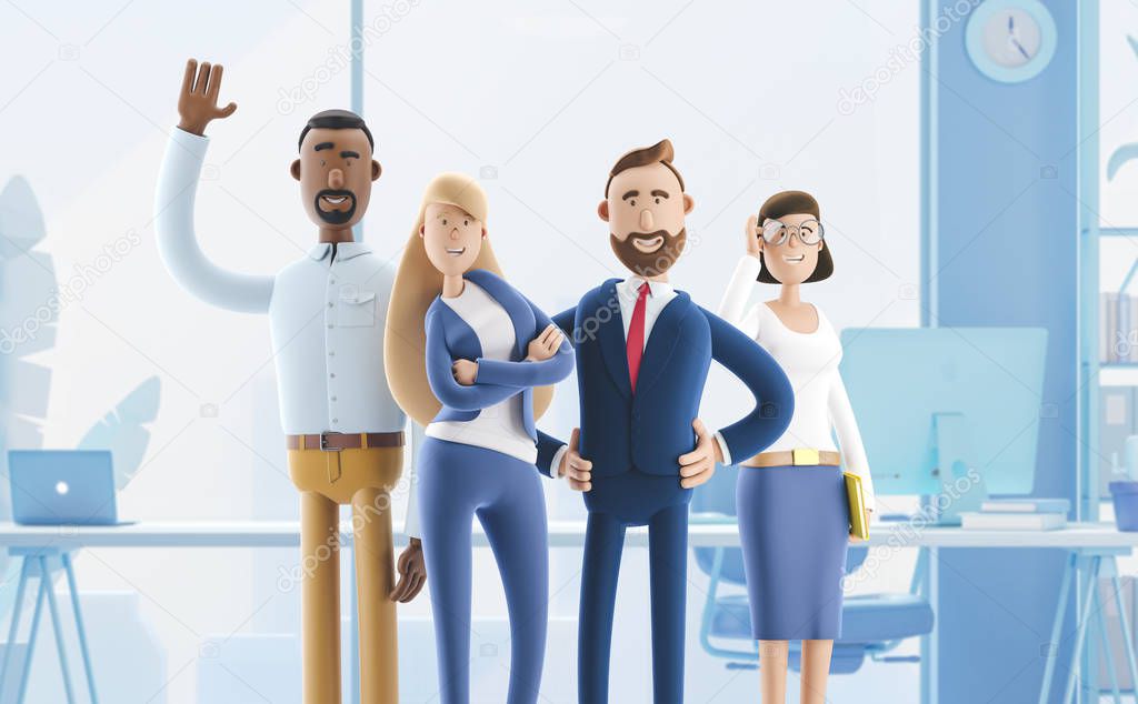 Working team of professionals stand in the interior of the office. 3d illustration.  Cartoon characters. Business teamwork concept. 