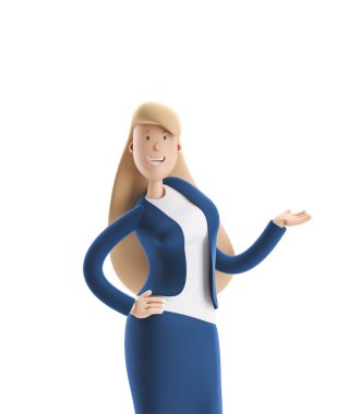 3D Illustration. Genç iş kadını Emma beyaz bir arka planda ayakta.