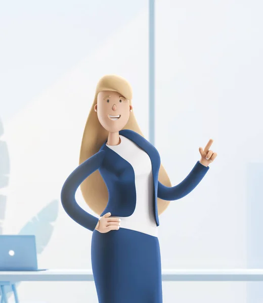 Ilustracja 3D. Młoda kobieta biznesu Emma stoi w biurze wnętrza. — Zdjęcie stockowe