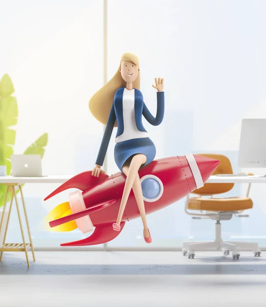 Ilustracja 3D. Młoda bizneswoman Emma z rakietą we wnętrzu biura. Stymulowanie kariery, rozpoczynanie działalności gospodarczej i wzrost gospodarczy — Zdjęcie stockowe
