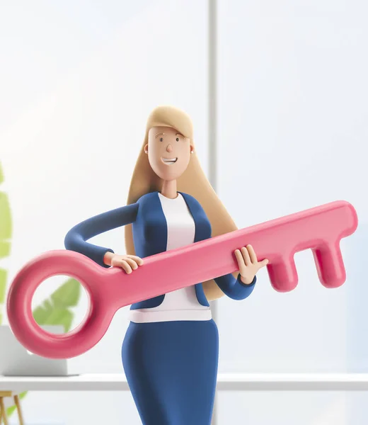 3d illustration. Young business woman Emma standing with big key in the office interior. — стокове фото