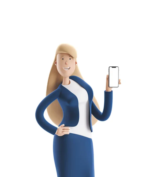 3D-illustration. Ung affärskvinna Emma stående med telefon på en vit bakgrund. — Stockfoto