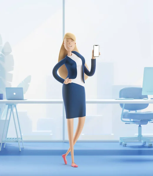 Illustrazione 3d. Giovane donna d'affari Emma in piedi con il telefono all'interno dell'ufficio . — Foto Stock