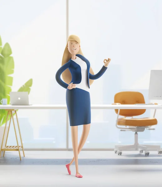 3D-illustration. Ung affärskvinna Emma står i kontorsinteriören. — Stockfoto