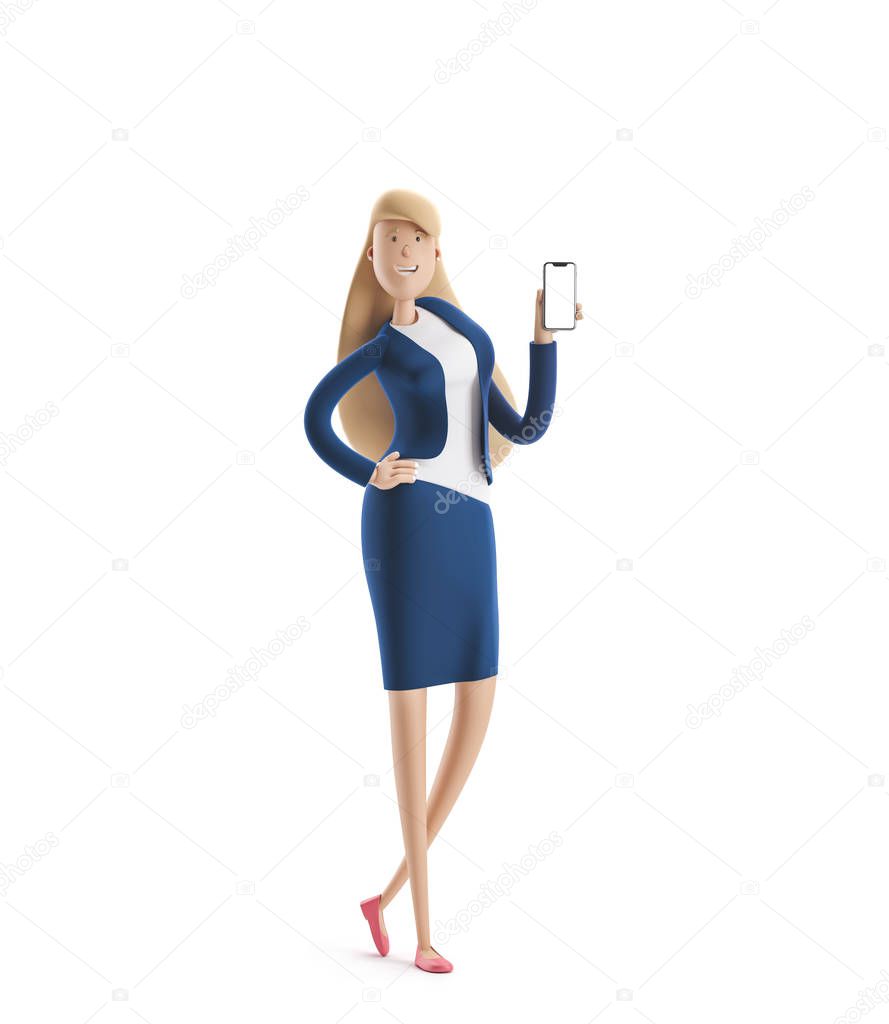 3d illustration. Young business woman Emma standing with phone on a white background.