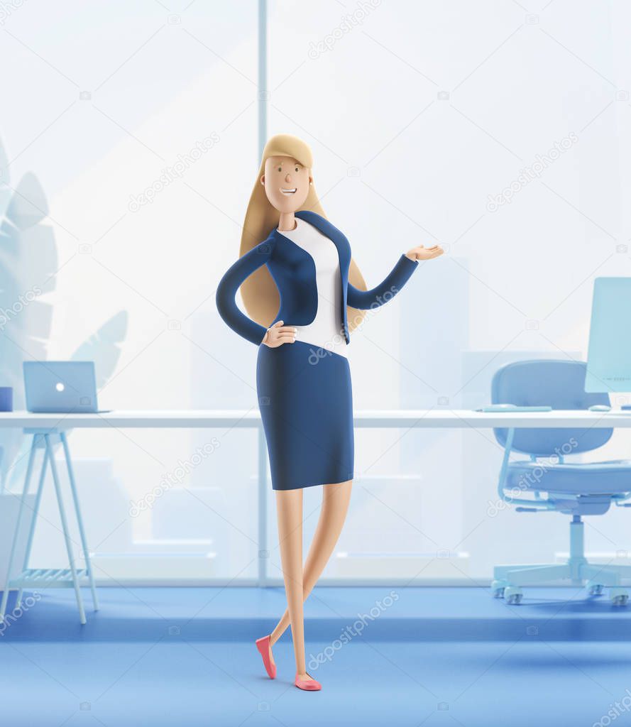 3d illustration. Young business woman Emma standing in the office interior.