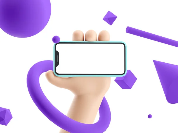 Cartoon device Mockup with 3d shapes. Cartoon hand holding phone on white background. 3d illustration. — Stock Photo, Image