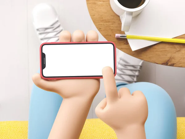 Dispositivo dei cartoni animati Mockup. Cartoon mano che tiene il telefono in soggiorno. Illustrazione 3d . — Foto Stock