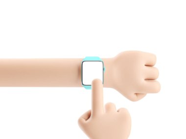 Çizgi film cihazı Mockup. Beyaz arka planda akıllı saati olan çizgi film işçisi. 3d illüstrasyon.