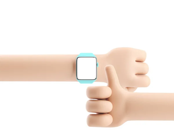 Мультяшний пристрій Mockup. Мультяшна рука з розумним годинником на білому тлі. 3d ілюстрація . — стокове фото
