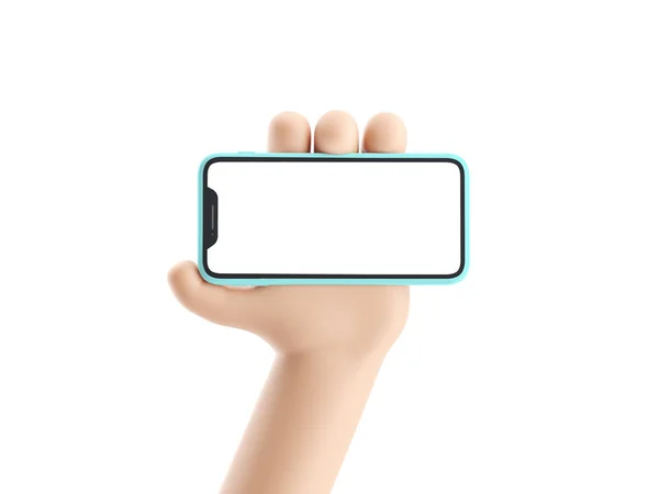 Cartoon device Mockup. Cartoon hand holding phone on white background. 3d illustration. — Stock Photo, Image