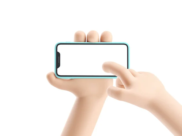 Tecknad anordning Mockup. Tecknad hand håller telefonen på vit bakgrund. 3D-illustration. — Stockfoto