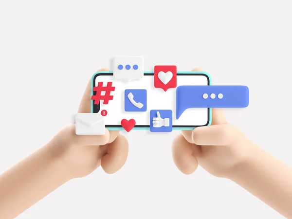 Cartoon device Mockup with icons. Cartoon hand holding phone on white background. 3d illustration. Social Media Concept. — Stock Photo, Image