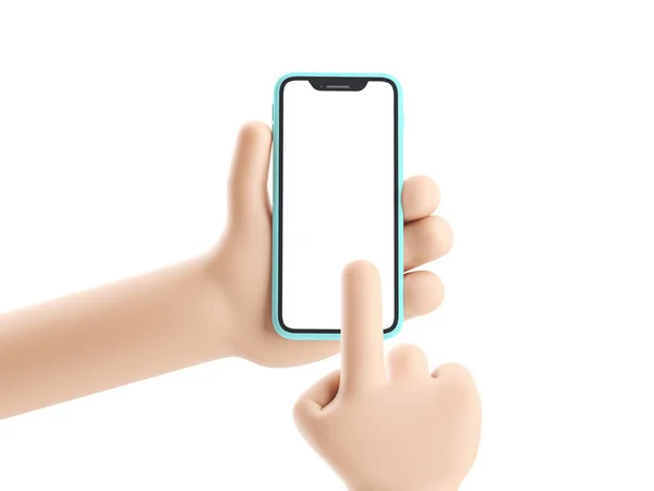 Çizgi film cihazı Mockup. Beyaz arka planda çizgi filmlerde el ele tutuşan telefon. 3d illüstrasyon.