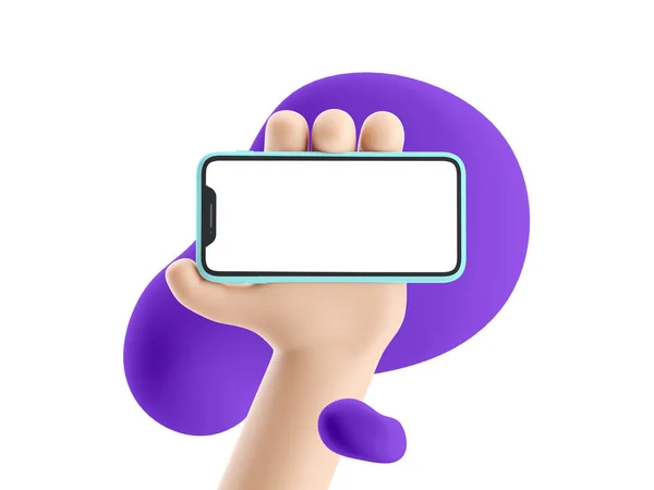 Desenhos animados dispositivo Mockup com formas 3d. Cartoon mão segurando telefone no fundo branco. ilustração 3d . — Fotografia de Stock