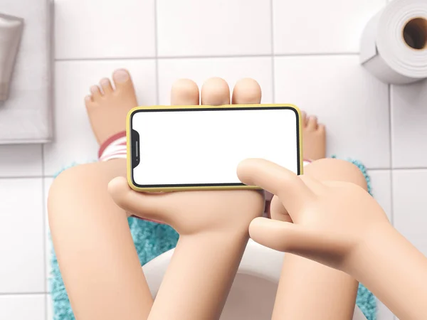 Desenhos animados dispositivo Mockup no interior do banheiro. Mão dos desenhos animados segurando o telefone na sanita. ilustração 3d . — Fotografia de Stock