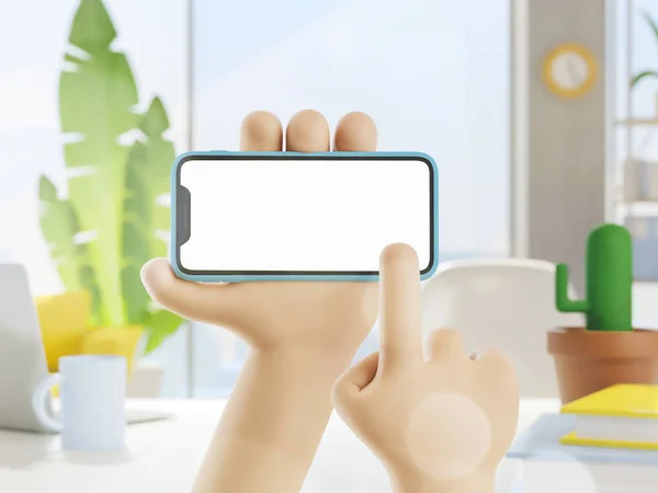 Tecknad anordning Mockup. Tecknad hand håller telefonen vid skrivbordet på kontoret. 3D-illustration. — Stockfoto