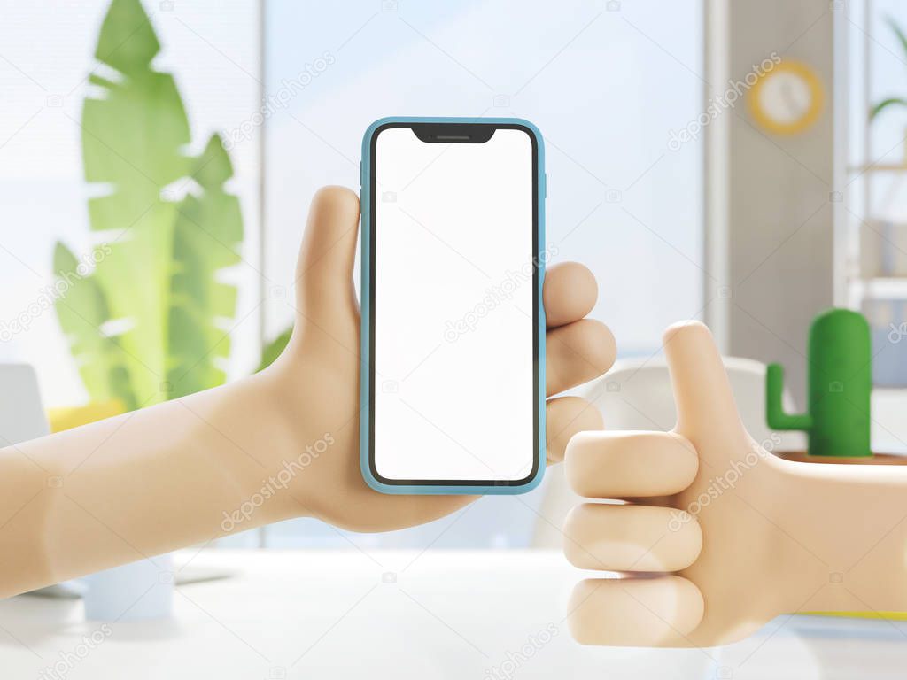 Cartoon device Mockup. Cartoon hand holding phone at his desk in the office. 3d illustration.