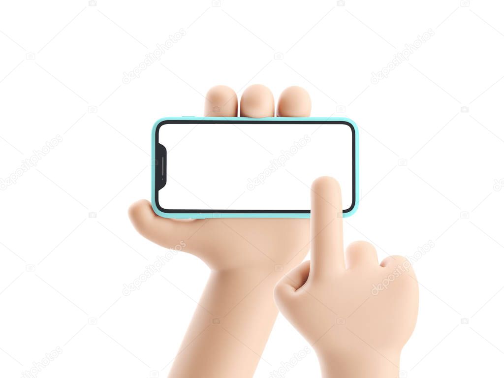 Cartoon device Mockup. Cartoon hand holding phone on white background. 3d illustration.