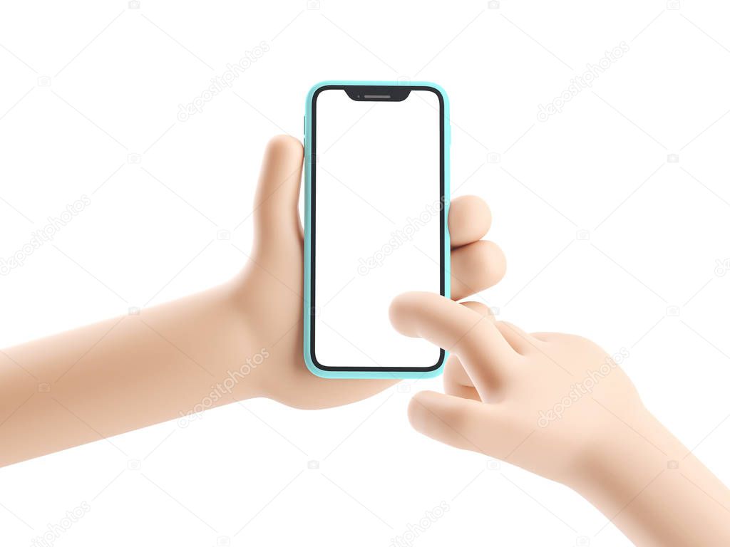 Cartoon device Mockup. Cartoon hand holding phone on white background. 3d illustration.