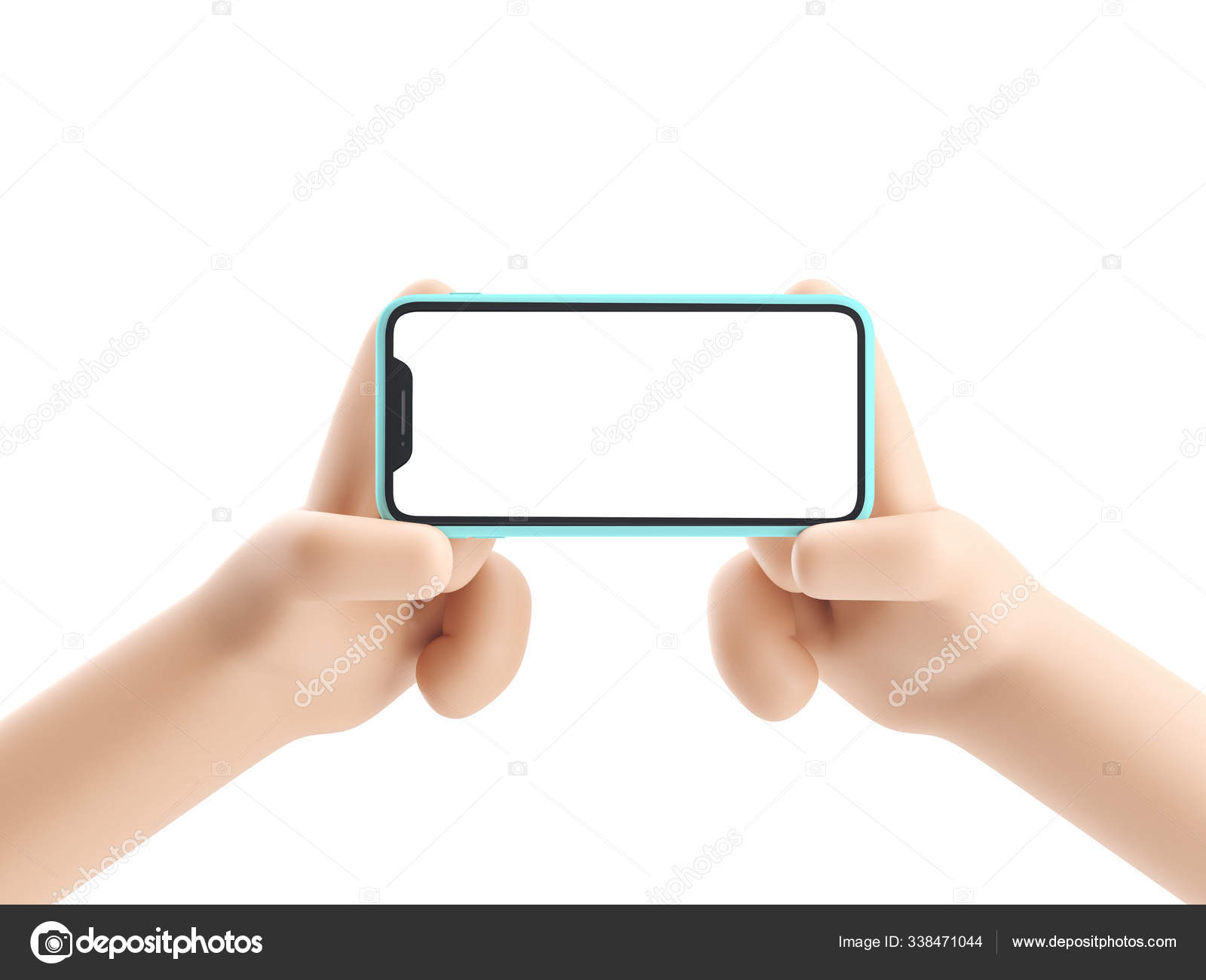 Cartoon device Mockup. Cartoon hand holding phone on white background. 3d  illustration. Stock Photo by ©bestpixels 338471044