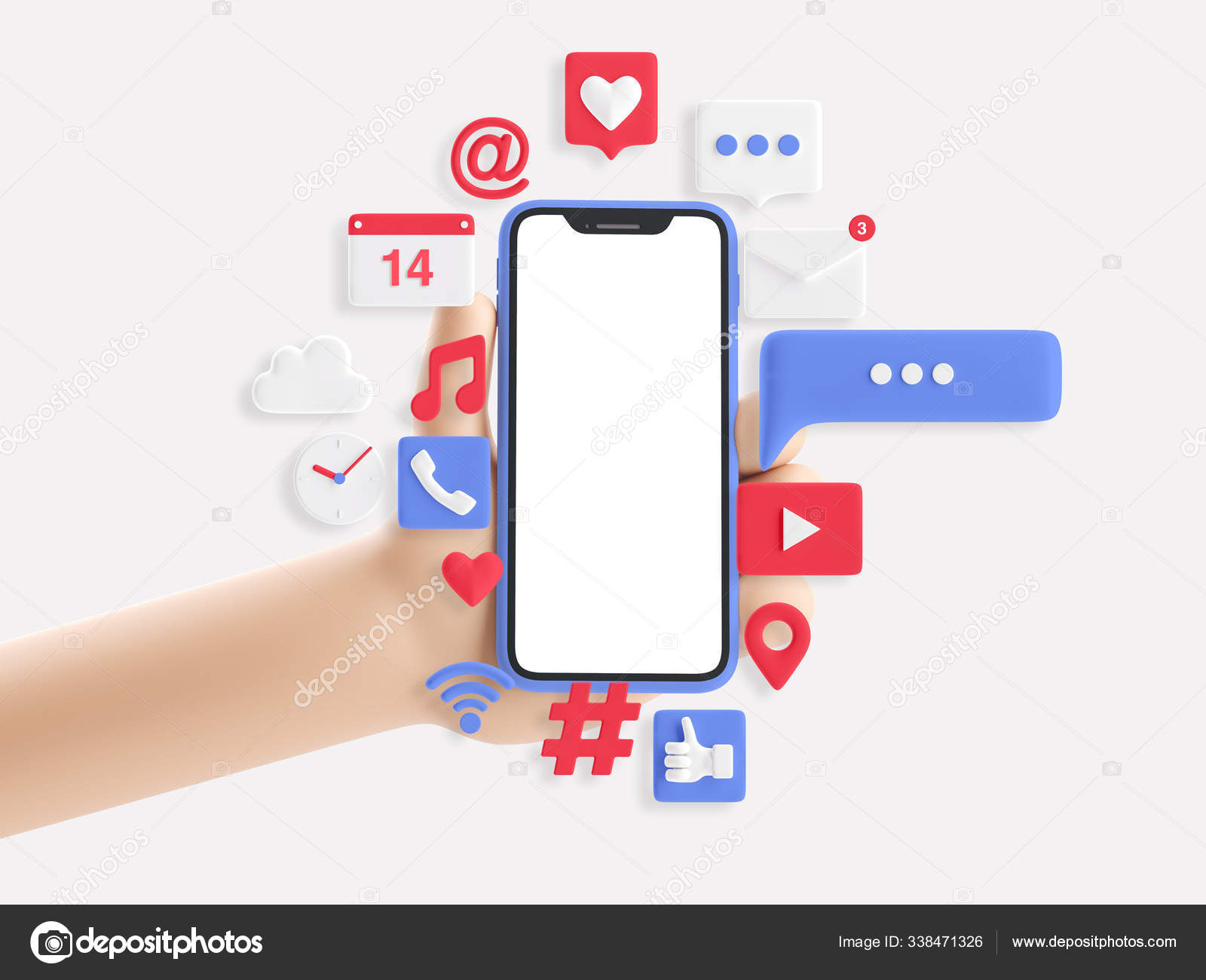 Cartoon device Mockup with icons. Cartoon hand holding phone on white background. 3d illustration. Social Media Concept. Stock Photo by ©bestpixels 338471326 Cartoon device Mockup with icons. Cartoon hand holding phone on white background. 3d illustration. Social Media Concept. Stock Photo by ©bestpixels 338471326